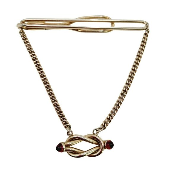Vintage Swank Slide On Tie Bar W/ Chain Knotted Accent Red Glass Ends Gold Tone - Picture 2 of 8